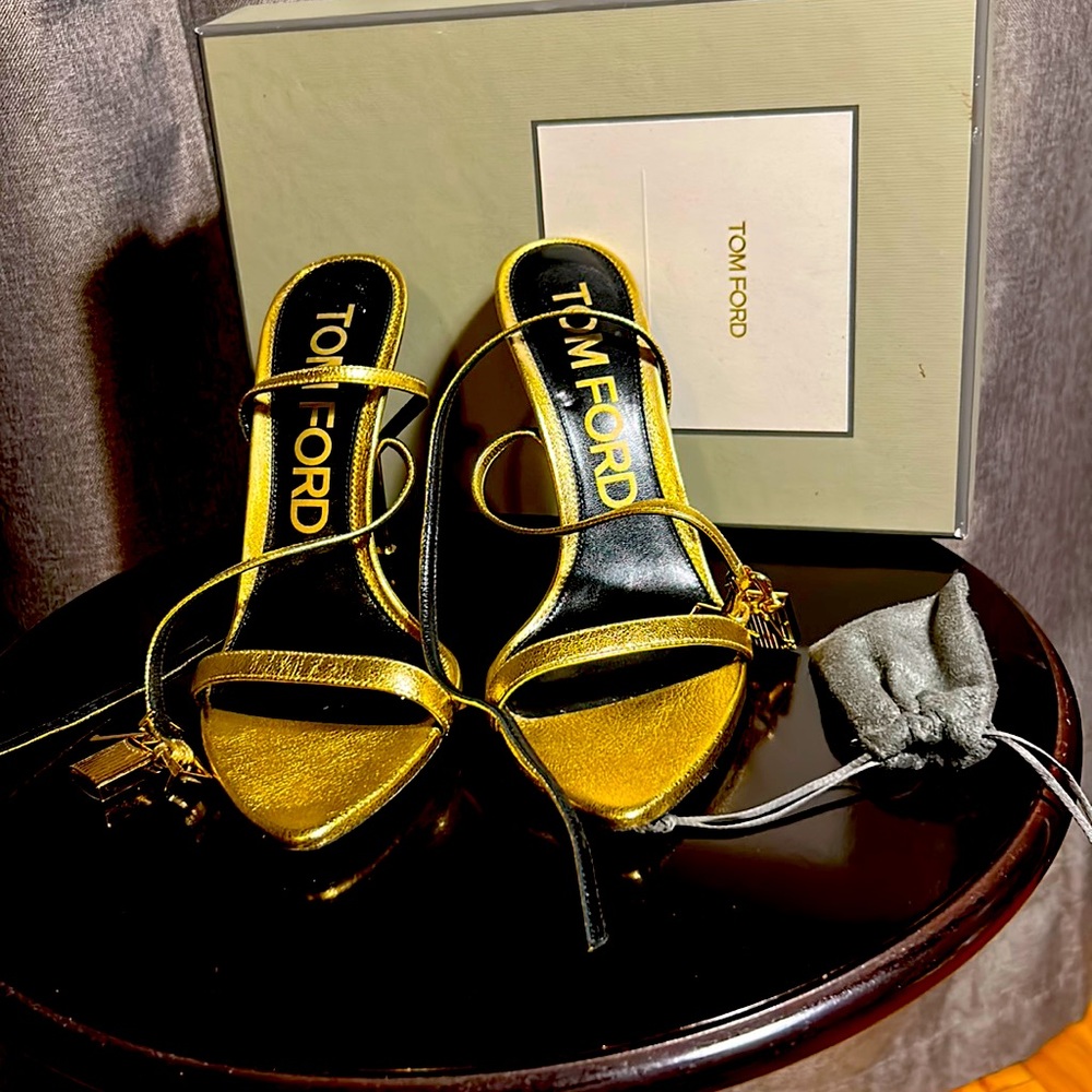 Tom Ford Padlock Metallic Gold Leather Sandal